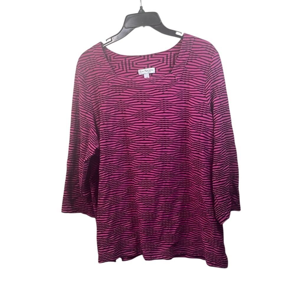 Kim Rogers‎ Womens Top 2X Pink Black 3/4 Sleeve Textured Stripe Blouse